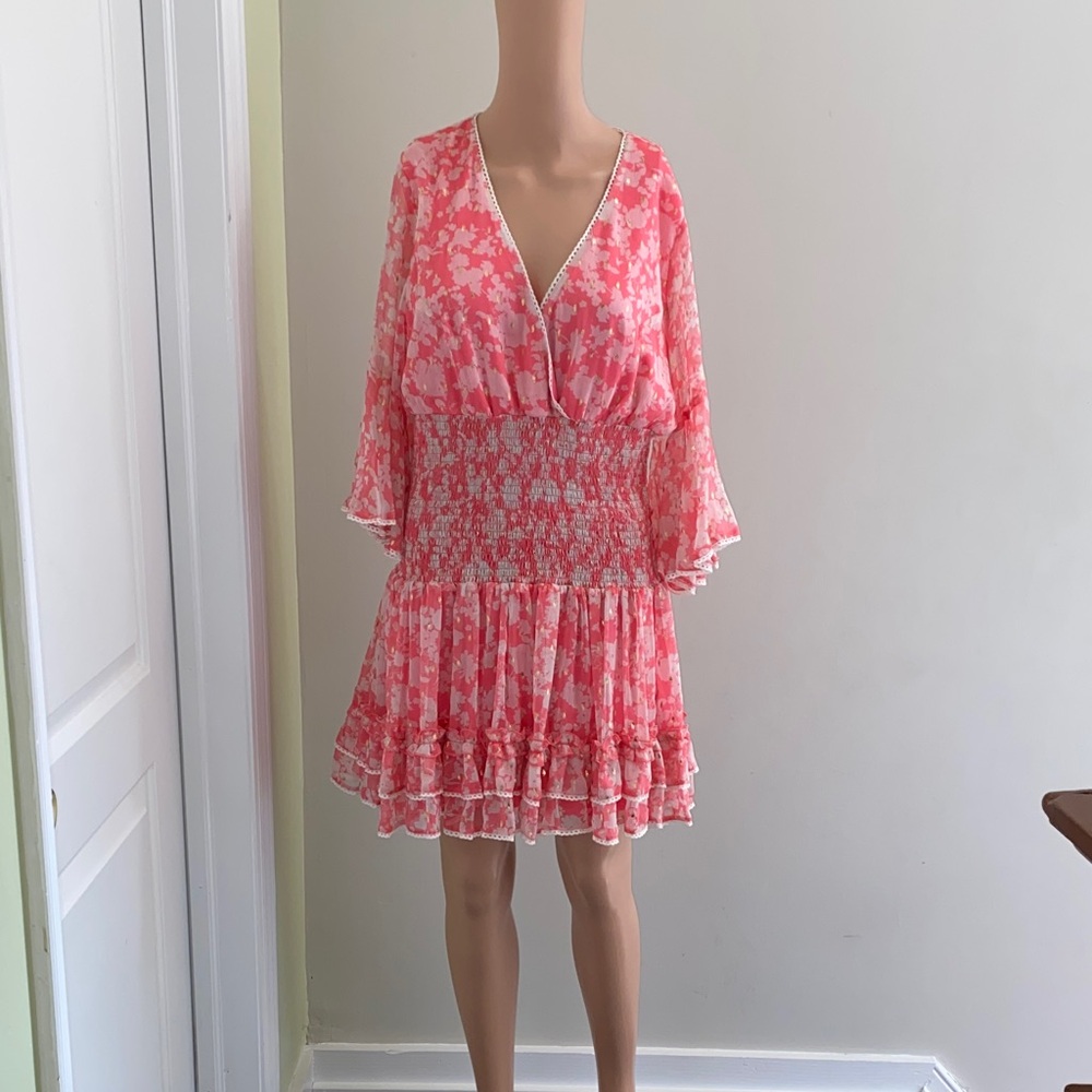 Floral Pink Smocked V-Neck Ruffle Dress